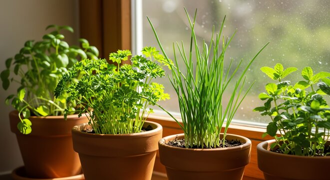 Fototapeta Potted herbs on windowsill indoor gardening concept