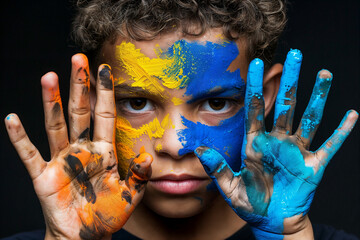 Boy with Face and Hands Covered in Paint