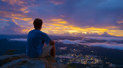 Obraz premium Back view of a man sitting peacefully at the mountainâs edge, gazing at the fiery sky while clouds roll gently over the lower hills