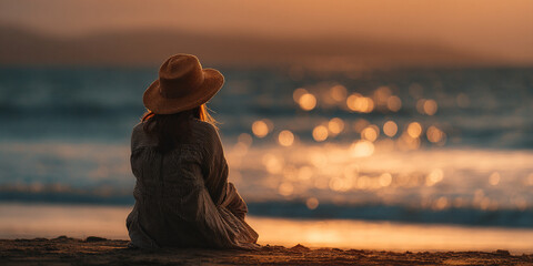 peaceful scene of woman sitting quietly by ocean during sunset, reflecting on beauty of nature and calming waves. warm colors create serene atmosphere