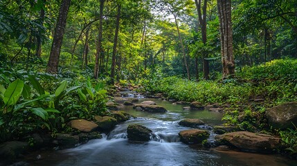 Obraz premium Lush jungle with greenery and water in tropical rainforest