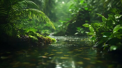 Naklejka premium Lush jungle with greenery and water in tropical rainforest