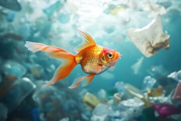 Fototapeta premium Goldfish swims through plastic waste symbolizing marine pollution