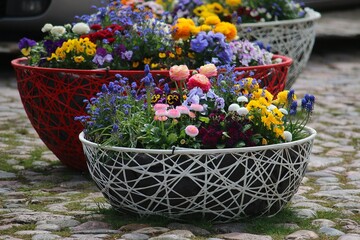 close-up of large stylish metal flower pots full of many colorful different flowers that stand for decoration on a cobblestone pavement in the city center