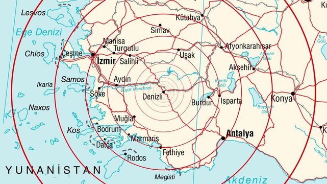 Expanding red circles show the range of an earthquake wave from Denizli, Turkey