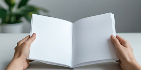 person holding open blank booklet with both hands, showcasing empty pages. background features soft focus plant, creating calm atmosphere