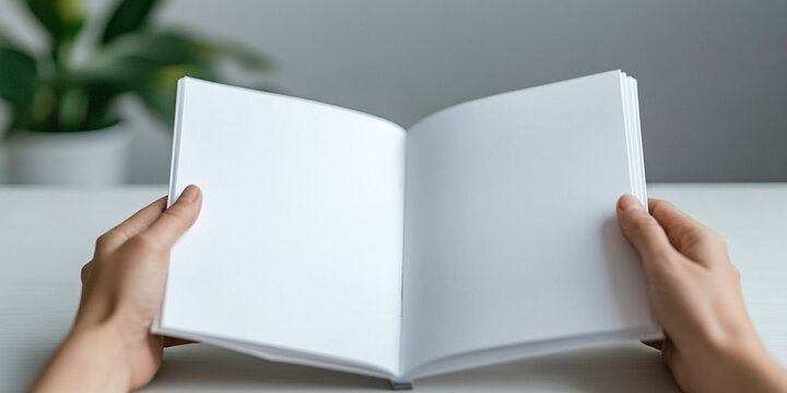 person holding open blank booklet with both hands, showcasing empty pages. background features soft focus plant, creating calm atmosphere