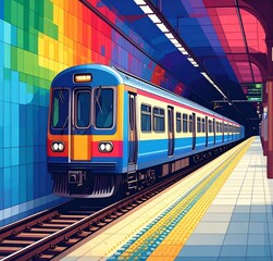 Fototapeta premium Vibrant Colorful Train Arriving at a Modern Subway Station Platform with Rainbow Wall