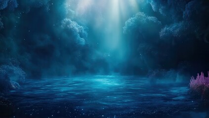 Fototapeta premium Abstract Underwater Scene with Coral Reefs and Glimmering Light in Shades of Blue and Purple