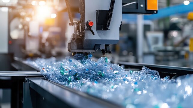 Automated plastic bottle sorting on production line in industrial facility - Powered by Adobe