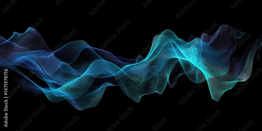 Poster Abstract Wave Pattern with Flowing Blue Light on Black Background Generative Art Design of Data Visualization Digital Network Connection with Modern Futuristic Style