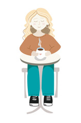 A woman with a cup of coffee is resting at a table
