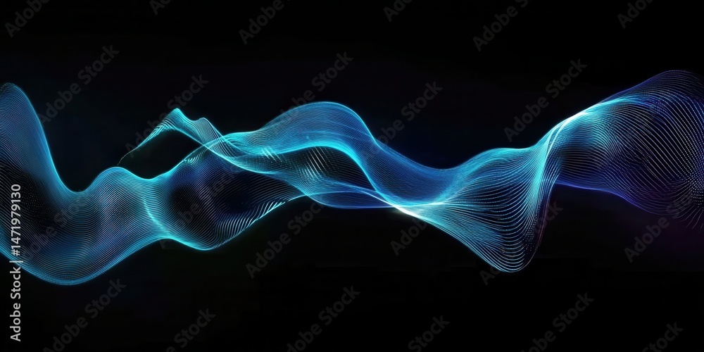 Poster abstract wavy lines background in blue light with dynamic motion and futuristic style on a black bac