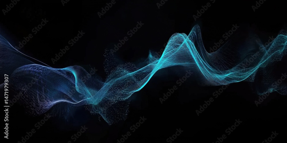 Poster abstract wavy particle stream in dark ambiance with soft lighting futuristic backdrop glowing dots l