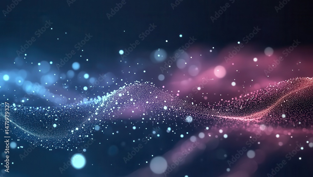Poster abstract wavy particle stream of blue and pink light effect with bokeh background