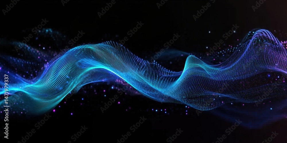 Poster abstract wavy particle stream in blue and violet tones over black backdrop digital design element fo