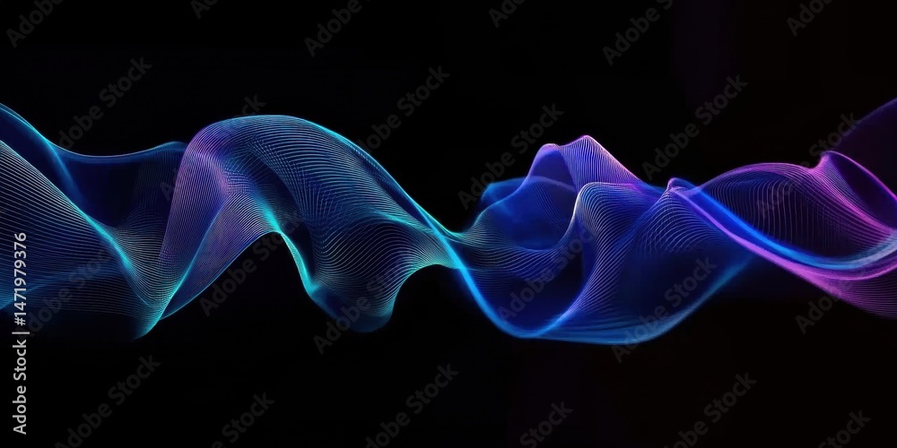 Poster abstract wavy pattern with blue and purple gradient on black background for modern design projects a