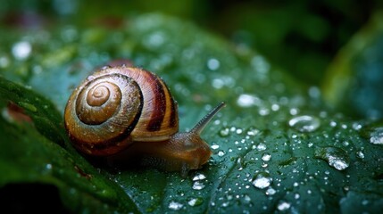 Snail Crawling on Leaf with Dew Drops in Lush Green Environment of Nature