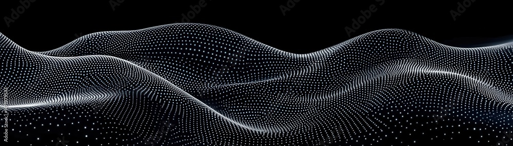 Poster abstract white dotted waves on black background creating a digital wave design with smooth lines fut
