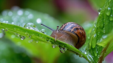 Snail Crawling on Leaf with Water Drops in a Lush Green Environment