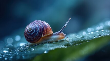 Close-Up of a Snail on a Leaf with Water Droplets in a Soft Focus Background