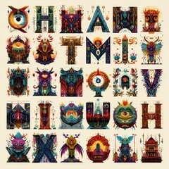 Fototapeta premium Colorful, decorative, fantastical alphabet design, featuring unique and intricate letter forms.