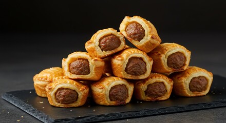Sausage rolls on platter close up
