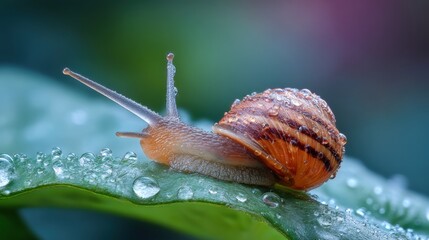 Close-Up of Snail Crawling on Green Leaf with Water Drops in Soft Light Environment