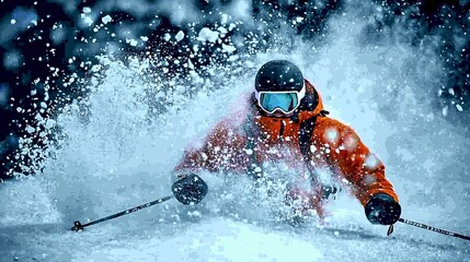 Unleashed adrenaline: A skier carves through fresh powder in exhilarating motion