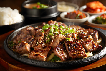 Fototapeta premium Caramelized thin slices of Korean bulgogi beef grilled perfectly and served sizzling with sesame seeds and chopped green onions