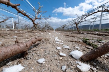 Fototapeta premium A winter landscape showing bare branches and scattered snow, capturing a moment of transition and the impact of seasonal changes on the environment and emotions.