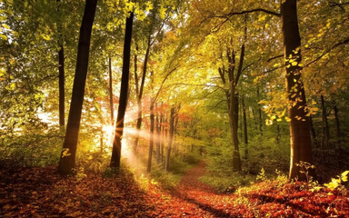Obraz premium A serene autumn forest path photograph with golden sunlight streaming through tall deciduous trees