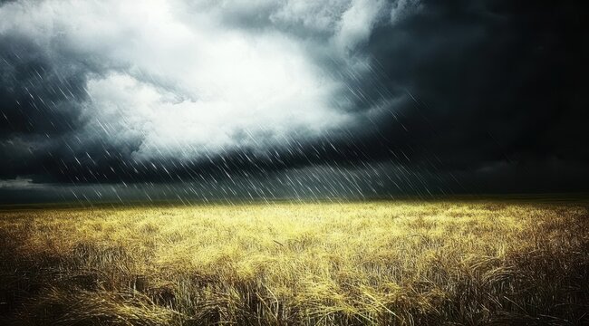 Dramatic rain clouds over a golden field.  Heavy rain falls on a ripe field of wheat or other grain.  Dark, ominous clouds fill the sky
