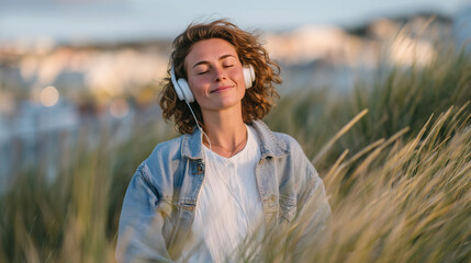 Relaxed young woman surrounded by tall blades of grass, eyes closed, a gentle smile on her face as she listens to a podcast in her headphones