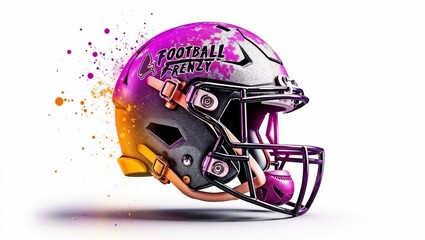 Fototapeta premium A football helmet featuring metallic silver, pink, purple, and orange paint splashes. The text Football Frenzy and a bird logo are displayed on the side.