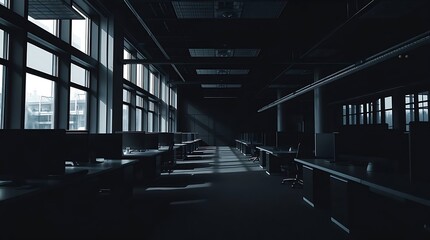 Fototapeta premium A long, empty office with rows of desks is dramatically lit by sunlight from large windows, casting strong shadows across the moody and quiet workspace.