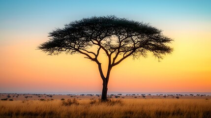 Obraz premium Lone acacia tree in savanna at sunset