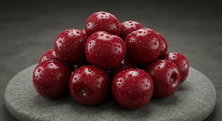 Pile of dark red cherries with water droplets