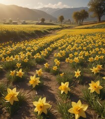 Golden daffodil blossoms carpet a sun-drenched countryside field , flowers, fresh, sunshine