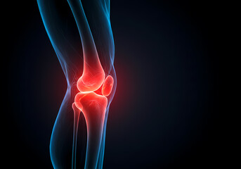 A detailed 3D model of the human knee joint illustrating the structures with highlighted features for educational use