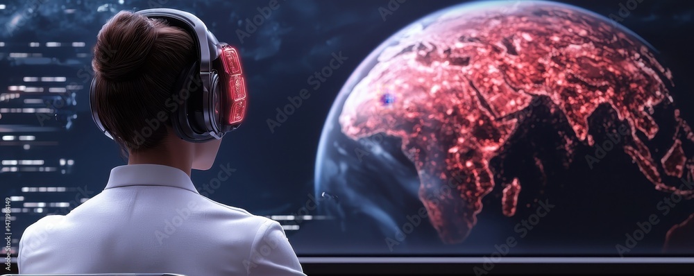 Poster a person with headphones monitors a digital map of earth displaying illuminated data points, suggest
