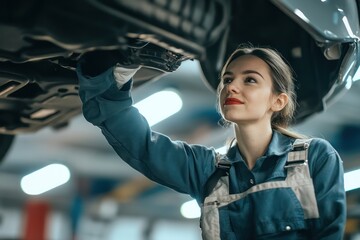 Female mechanic checks under car in garage