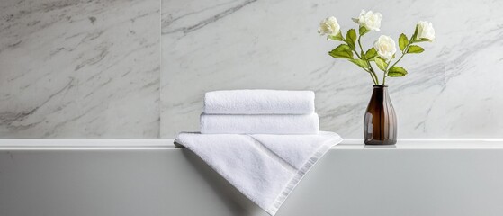 White bathtub with a stack of folded white towels on the edge. on the right side of the bathtub, there is a brown glass vase with white roses in it. the background is a white marble wall.