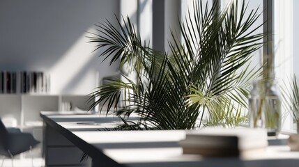 Fototapeta premium Modern Office Interior, Palm Plant, Minimal Workspace Design with Sunlight