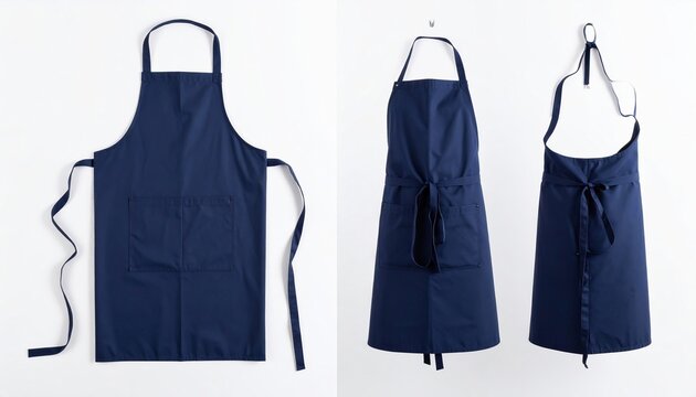 Set of navy blue aprons displayed flat and hanging against a white background for culinary professionals or home cooks