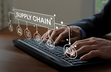Hands typing on a keyboard with graphics showcasing supply chain concepts, illustrating logistics,...