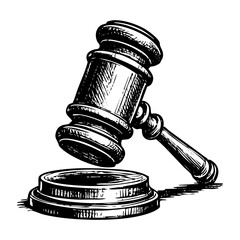 gavel engraving black and white outline. Scratch board imitation.  illustrated in vintage line art style on a white background.
