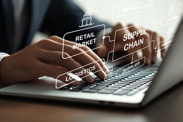 Business Professional Engaged in Supply Chain Management with Digital Diagrams and Concepts on Laptop Screen in Modern Office Environment