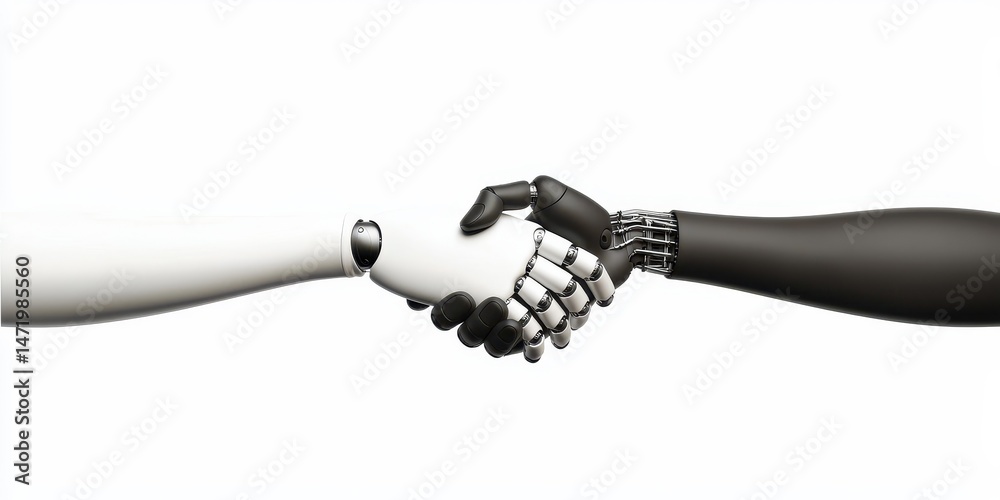Poster a robotic white hand and a robotic black hand shake against a white background, symbolizing unity an