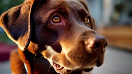 Close-up view of brown dog, with focus on the eyes and nose, warm lighting accentuating the texture of its fur, in an outdoor setting